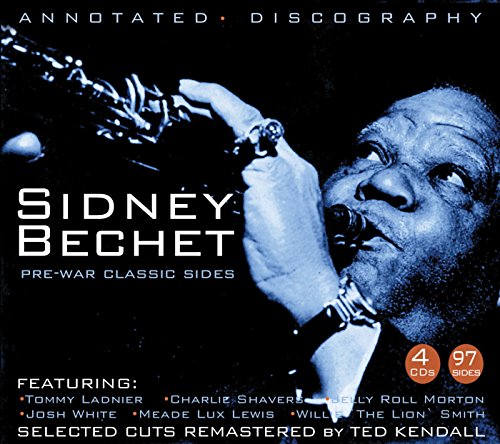"CD cover featuring Sidney Bechet playing saxophone, black background, white and blue tones."