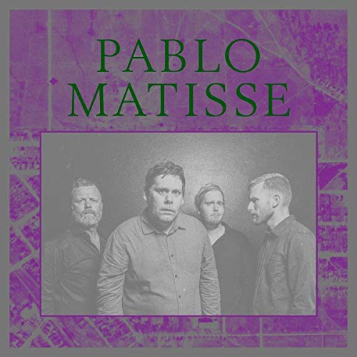 The image is a vinyl album cover for "Pablo Matisse" with a purple background. The alt text is: "Vinyl album cover with four men's portrait on purple background."