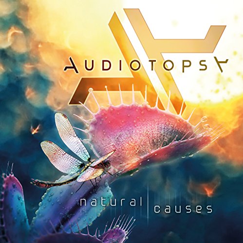 "Album cover with dragonfly on a carnivorous plant, surrounded by cloudy background."