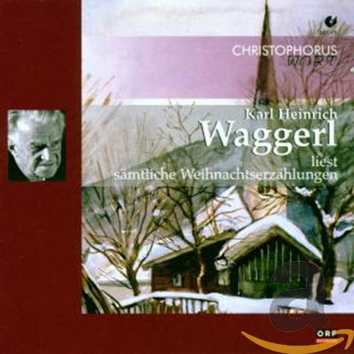 "CD cover with winter scene, church, and portrait of Karl Heinrich Waggerl on dark red background."