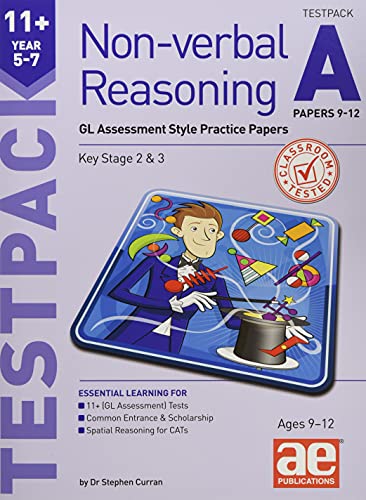 Colourful educational book with practice test papers for 11+ non-verbal reasoning exams.