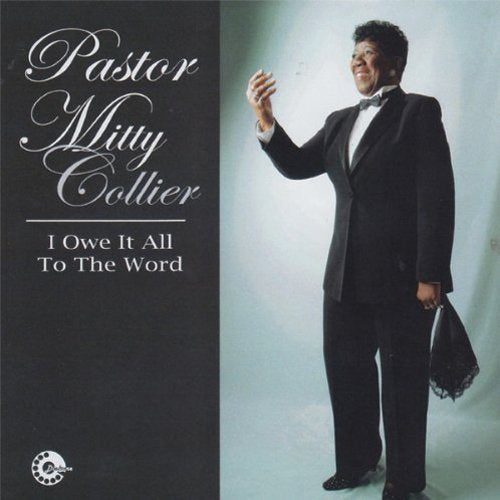"CD cover with Pastor Mitty Collier in a tuxedo, holding a hat, against a gray background."