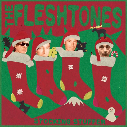 "Album cover with four men's faces in Christmas stockings, red and green background."