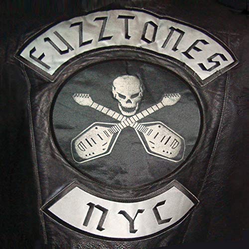 Black leather jacket with a white skull and crossed guitars patch, labeled "FUZZTONES NYC".