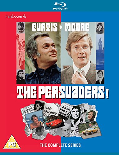 "The Persuaders!" Blu-ray cover featuring Tony Curtis and Roger Moore on red and blue background.