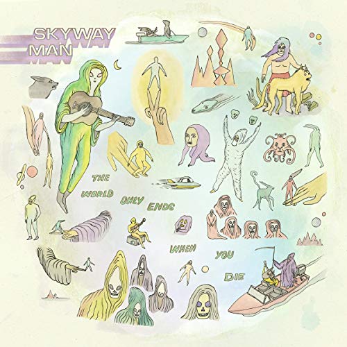 "Album cover art featuring surreal illustrations and the title 'Skyway Man' in purple."