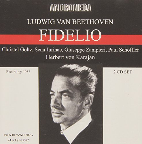 "Album cover with black-and-white portrait of man and 'Fidelio' title on red stripe."