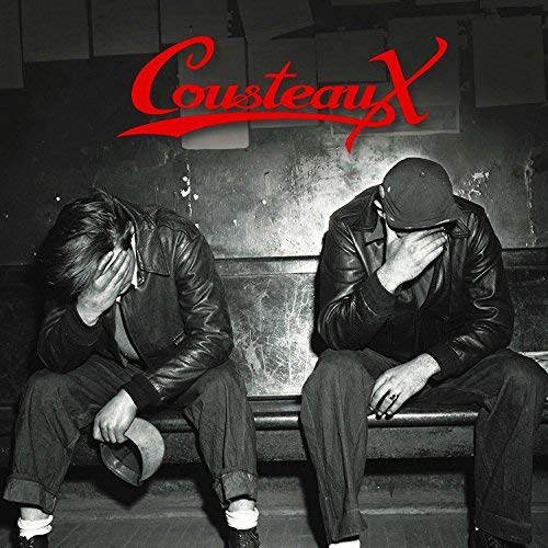 "Album cover featuring two men sitting on a bench, both covering their faces."