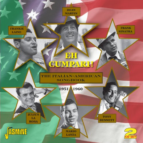 "CD cover featuring Italian-American singers in stars against an American flag background."