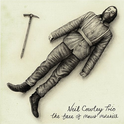 "Album cover with a man lying down and a pickaxe, beige background."