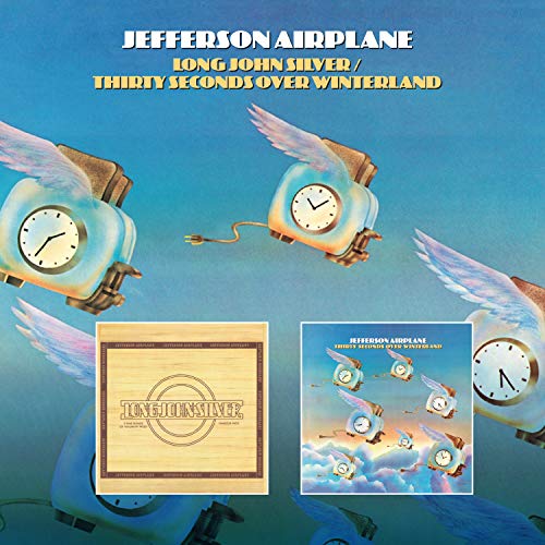 "CD cover art for Jefferson Airplane's 'Long John Silver / Thirty Seconds Over Winterland' with alarm clocks."