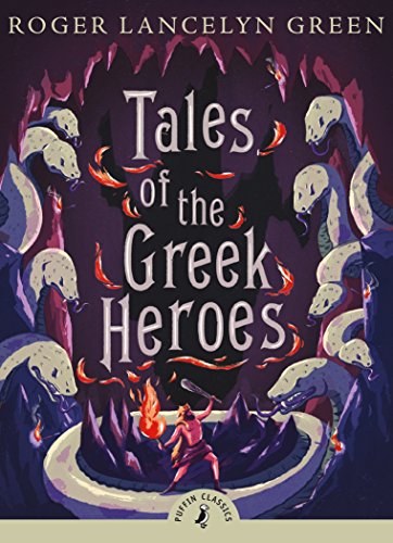 Book cover: "Tales of the Greek Heroes" with illustration of man surrounded by snakes.