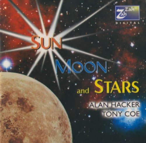 "Album cover with moon, starburst, and text against a space background."