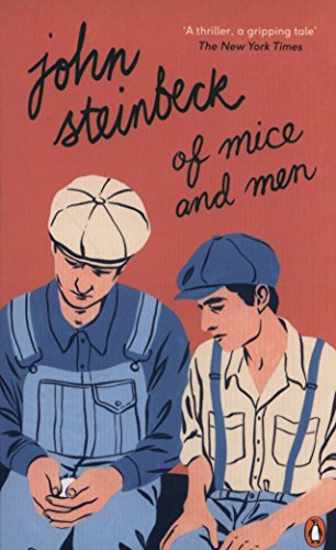 "Book cover of 'Of Mice and Men' by John Steinbeck, featuring two men in overalls."