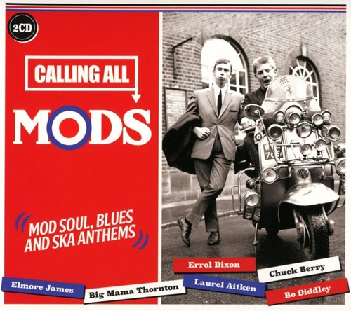 "CD cover with red panel and black-and-white photo of men on a scooter."