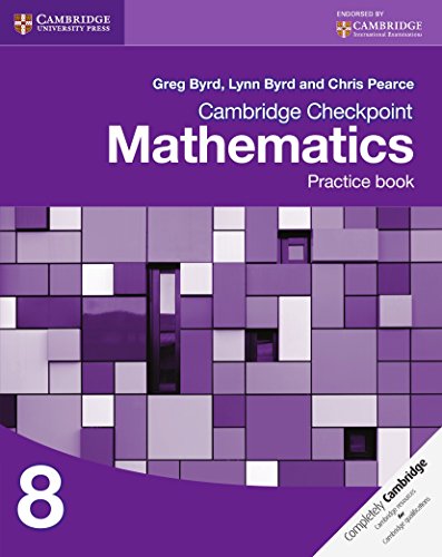 "Purple textbook cover with 'Mathematics Practice book 8' title and geometric pattern design."