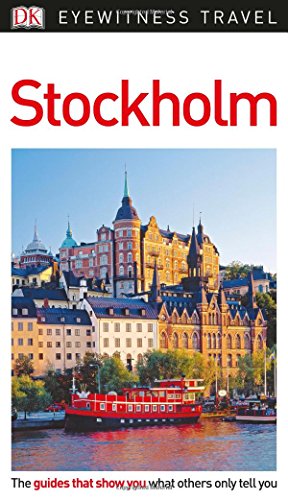 "Travel guide cover featuring a red boat in front of Stockholm's colorful buildings."