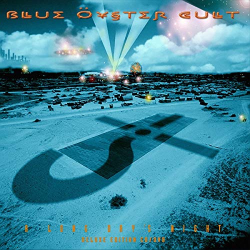 Blue Oyster Cult album cover: a blue landscape with a shadow and lights.