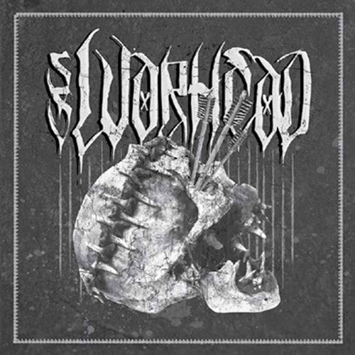 "Album cover with a skull pierced by arrows, gothic title, dark grey background."