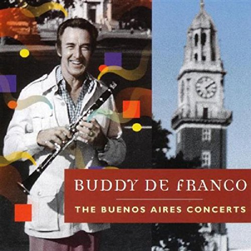 "Album cover featuring a man holding a clarinet, with a clock tower in the background."