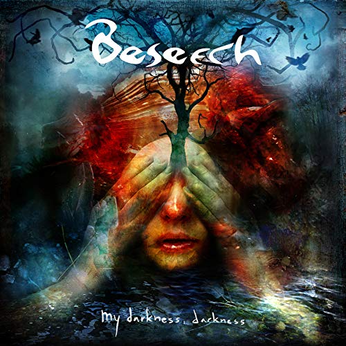 The image depicts a vinyl album cover with a haunting illustration. Alt text: "Beseech album cover featuring a person's face with a tree on their head."