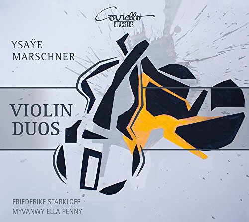 "CD cover with abstract violin illustration, 'Violin Duos' title, and artist names on light background."