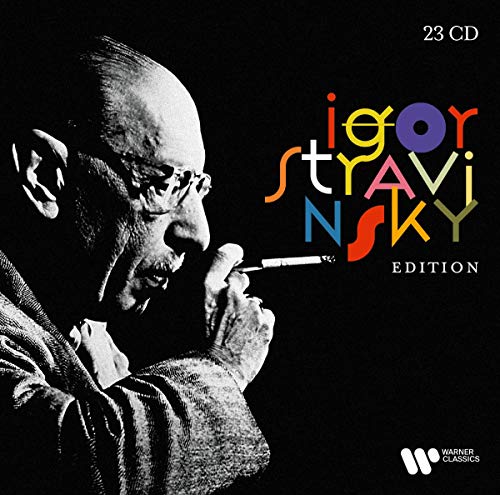 "CD cover featuring a black-and-white photo of Igor Stravinsky smoking, with multicolored text."
