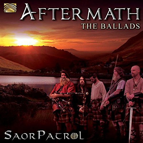 "Album cover featuring five men in kilts with bagpipes and swords at sunset."
