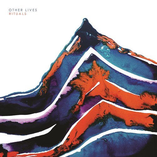 Album cover with abstract mountain illustration in red, blue, and black on white background.