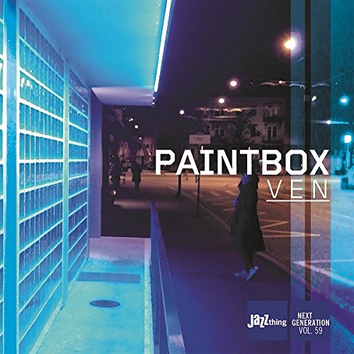 "Album cover with 'PAINTBOX VEN' text, blue-lit building, and a person walking at night."