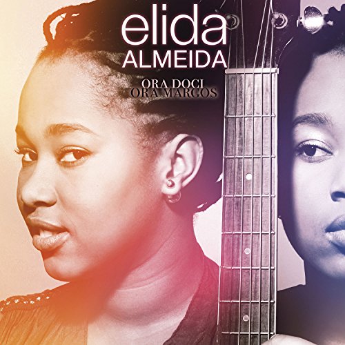 "Album cover with a woman's face and a guitar neck, colored in orange and purple."