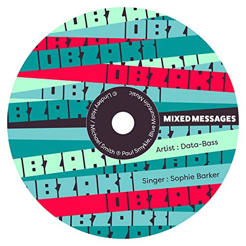 A vinyl record with a barcode and multicolored striped pattern on a white background.