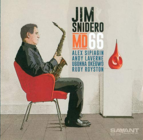 "Album cover with man sitting on red chair, playing saxophone, and artist's name."