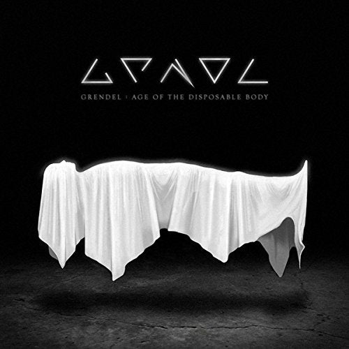 Album cover with white sheet draped over a form, on a black background.