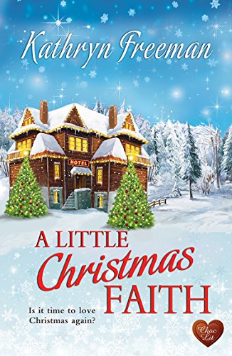The image depicts a book cover featuring a snowy house with Christmas trees.