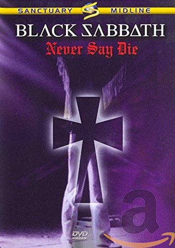 "Black Sabbath Never Say Die DVD cover with inverted cross on legs against purple background."