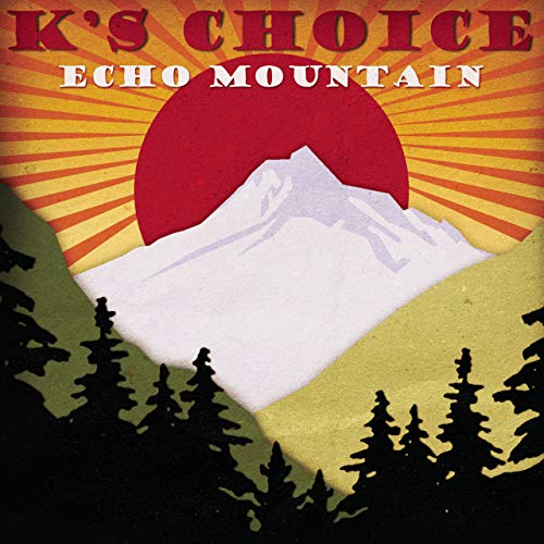Red vinyl record with cover art featuring a mountain and sunrise illustration.