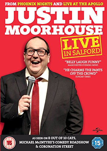 DVD cover featuring comedian Justin Moorhouse holding a microphone against a red background.