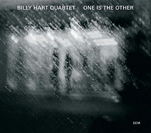 "Album cover with blurry black and white image and white text."