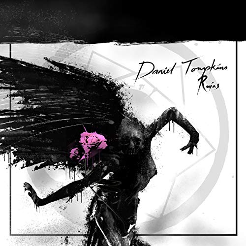 "Album cover art featuring a black and white illustration of a winged figure."