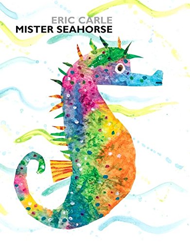 "Children's book cover featuring a colorful seahorse illustration on a white background."