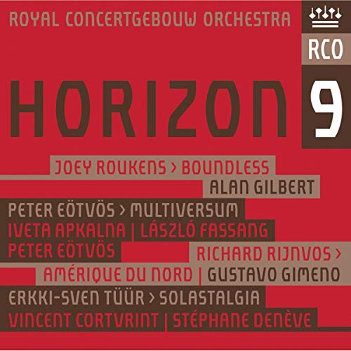 "Red album cover with 'Horizon 9' title, featuring composer names and orchestra logo."