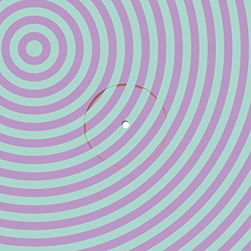 Vinyl record with pink and mint spiral design on its cover.