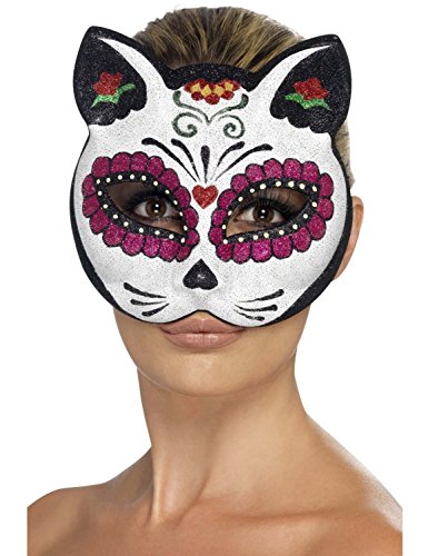 White cat mask with pink and red floral designs on a person's face.