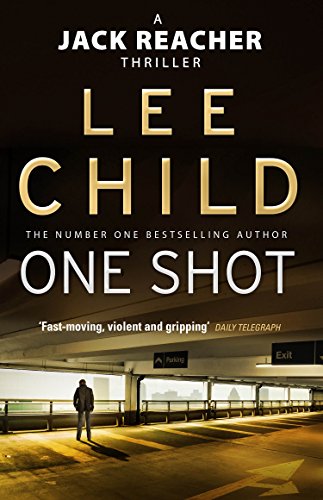 "Book cover of 'One Shot' by Lee Child, showing a man in an underground parking lot."