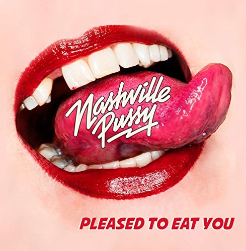 A mouth with red lipstick holding a sausage, album cover art.