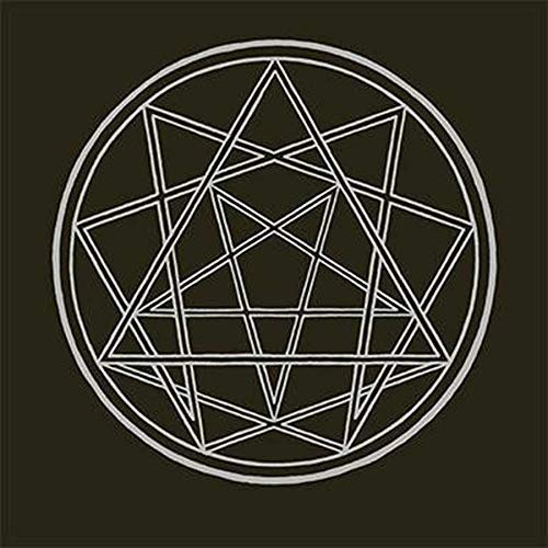 A black square with a silver geometric star design in the center.