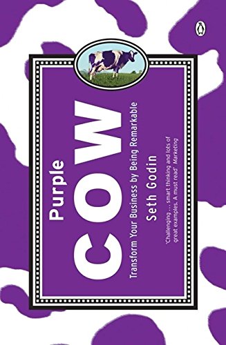 "Book cover of 'Purple Cow' with a purple cow image on a purple background."