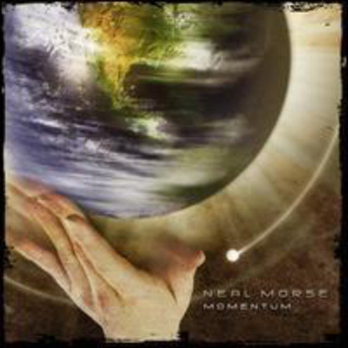 "Album cover with a hand holding a spinning globe, 'Neal Morse Momentum' text."