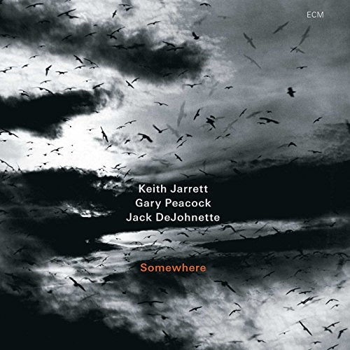 "Album cover with cloudy sky, birds, and text listing artists and title."